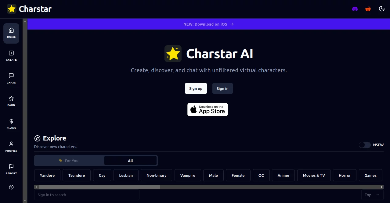 Screenshot of Charstar – An AI tool in the ,NSFW ,Chatbot  category, showcasing its interface and key features.