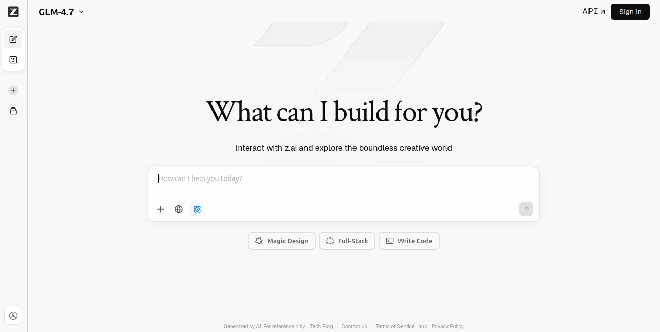 Screenshot of Chat Z.ai – An AI tool in the ,AI Writing Assistants ,AI Chatbot ,AI Productivity Tools  category, showcasing its interface and key features.