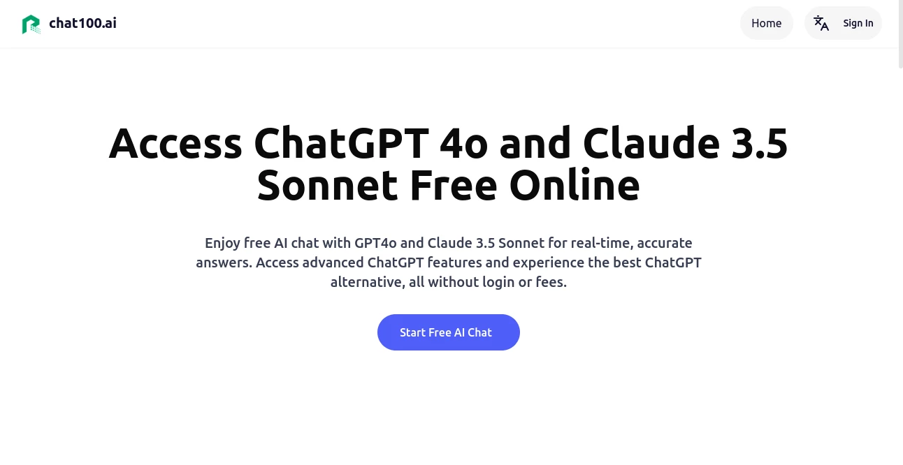 Screenshot of Chat100 AI – An AI tool in the ,AI Content Generator ,AI Homework Helper ,AI Chatbot ,AI Writing Assistants  category, showcasing its interface and key features.