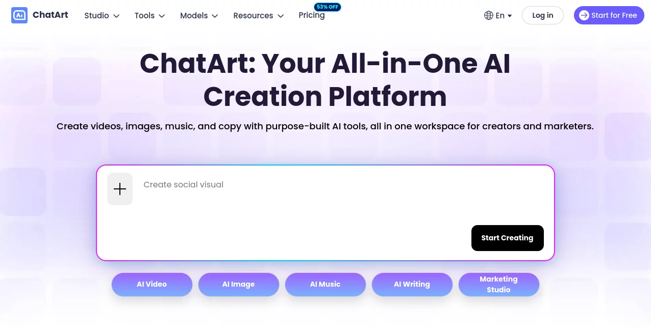 Screenshot of ChatArt – An AI tool in the ,AI Image to Video ,AI Music Video Generator ,AI Video Generator ,AI Text to Image  category, showcasing its interface and key features.