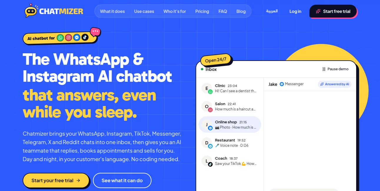 Screenshot of Chatmize.com – An AI tool in the ,AI E-commerce Assistant ,AI Customer Service Assistant ,Productivity ,AI Sales Assistant ,AI Chatbot  category, showcasing its interface and key features.