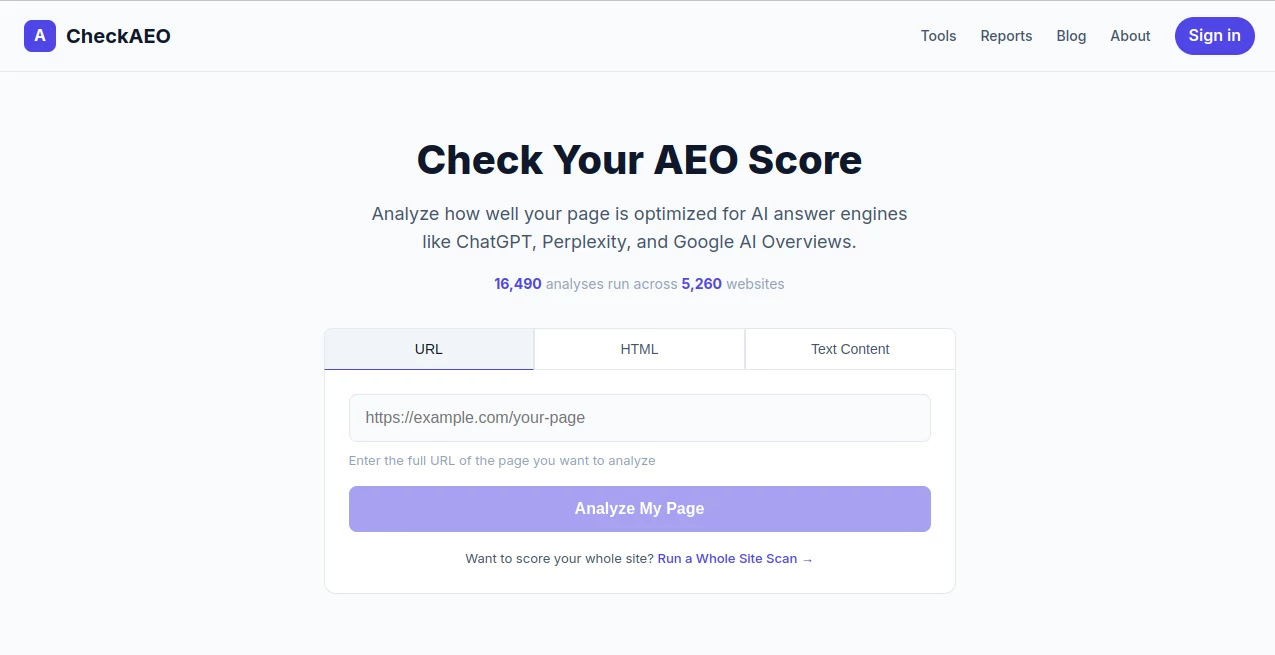 Screenshot of CheckAEO – An AI tool in the ,AI Research Tool ,AI Analytics Assistant ,AI SEO Assistant ,AI Marketing Plan Generator  category, showcasing its interface and key features.