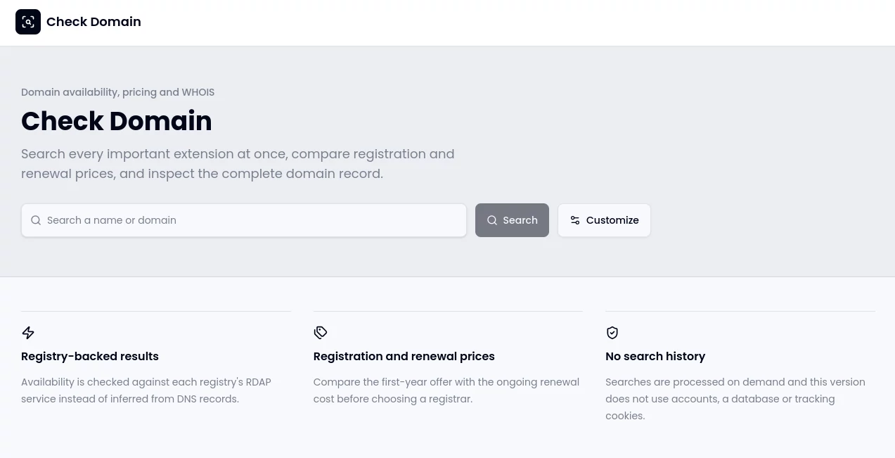 Screenshot of Check Domain – An AI tool in the ,AI Domain Name Generator ,Business  category, showcasing its interface and key features.