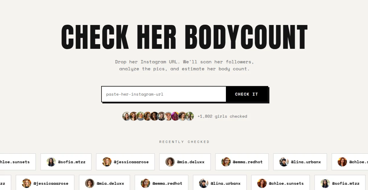 Screenshot of Check Her Bodycount – An AI tool in the ,AI Photo & Image Generator ,AI Image Recognition ,AI Fun Tools ,Other  category, showcasing its interface and key features.