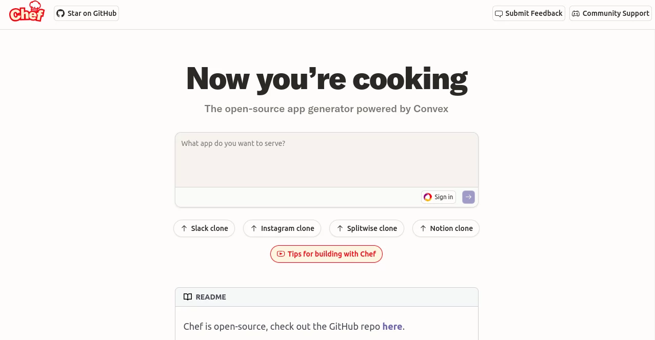 Screenshot of Chef – An AI tool in the ,AI No-Code & Low-Code ,AI Code Assistant ,AI Code Generator ,AI Developer Tools  category, showcasing its interface and key features.