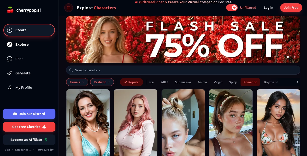 Screenshot of cherrypop.ai – An AI tool in the ,NSFW  category, showcasing its interface and key features.