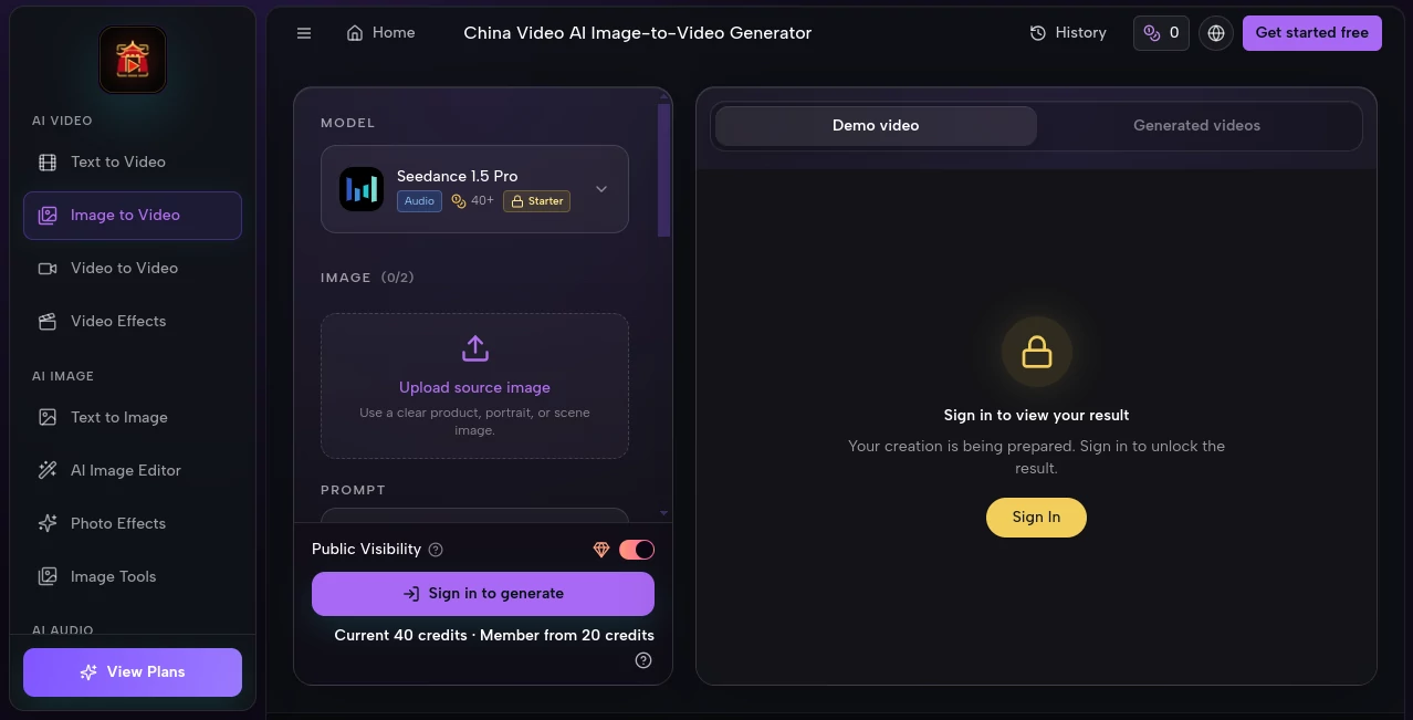 Screenshot of China Video AI Image-to-Video Generator – An AI tool in the ,AI Image to Video ,AI Video Generator ,Video  category, showcasing its interface and key features.