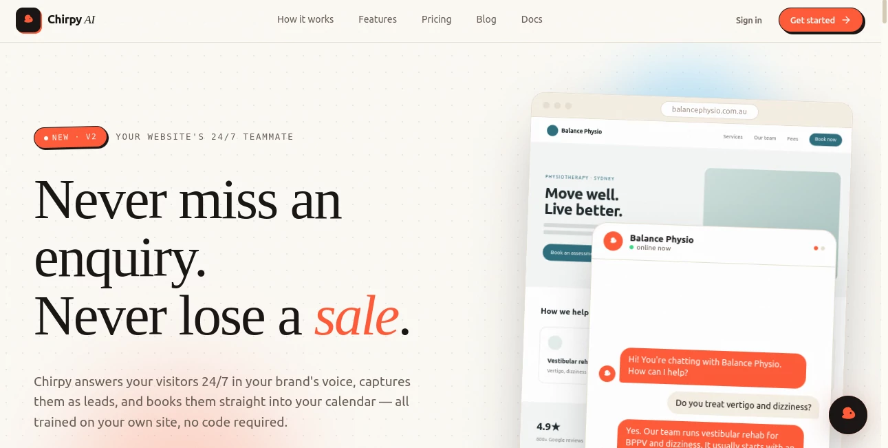 Screenshot of Chirpy AI – An AI tool in the ,AI Lead Generation ,AI Sales Assistant ,AI Chatbot ,AI Customer Service Assistant  category, showcasing its interface and key features.