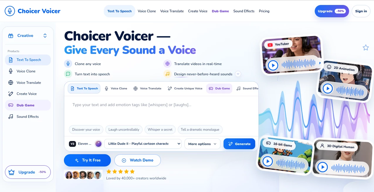 Screenshot of Choicer Voicer – An AI tool in the ,AI Translate ,AI Speech Synthesis ,AI Text to Speech ,AI Voice Cloning  category, showcasing its interface and key features.