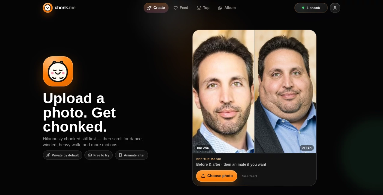 Screenshot of chonk.me – An AI tool in the ,AI Photo & Image Generator ,AI Animated Video ,AI Image to Video ,AI Fun Tools  category, showcasing its interface and key features.
