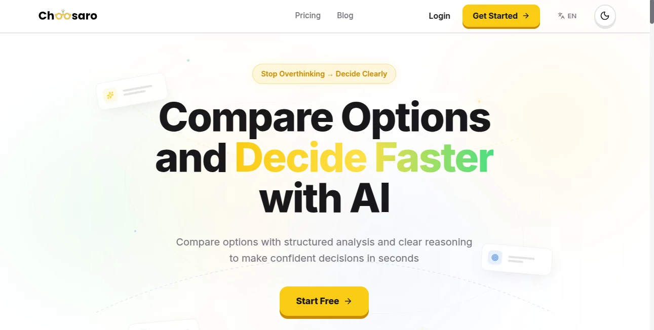 Screenshot of Choosaro – An AI tool in the ,Marketing ,AI Productivity Tools ,AI Research Tool  category, showcasing its interface and key features.