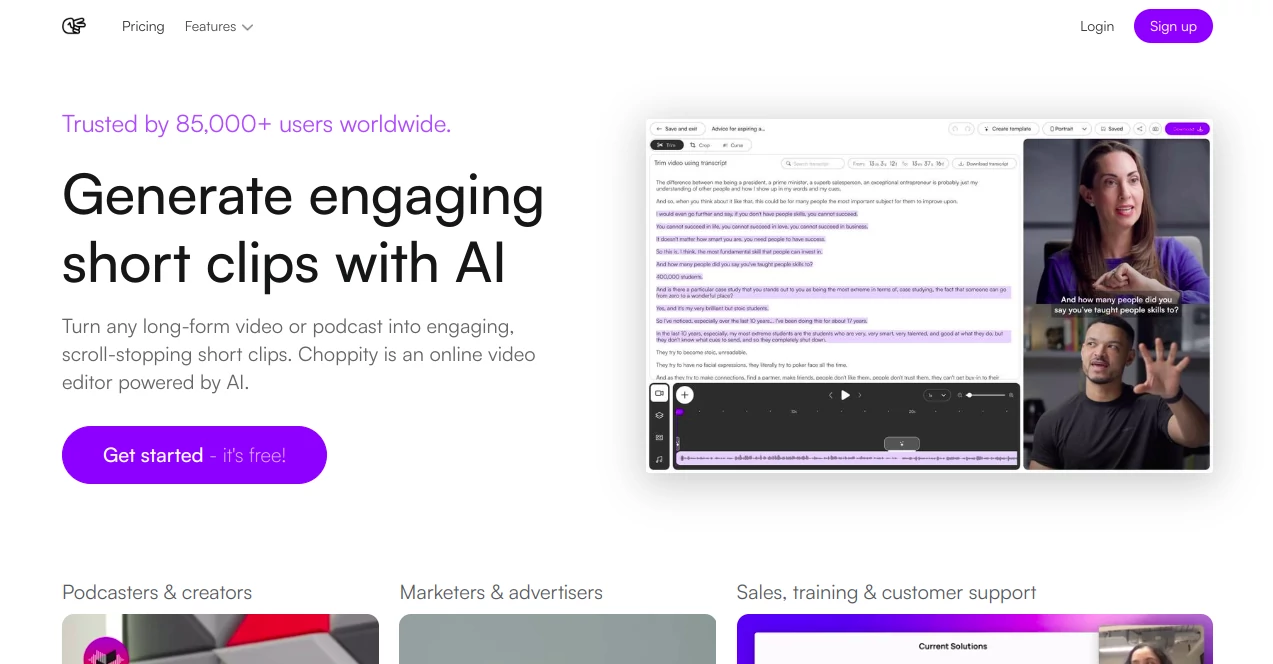 Screenshot of Choppity – An AI tool in the ,AI Video to Video ,AI Video Editor ,AI Short Clips Generator ,AI Video Enhancer  category, showcasing its interface and key features.