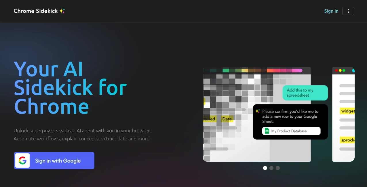 Screenshot of Chrome Sidekick – An AI tool in the ,AI Summarizer ,AI Browsers Builder ,AI Productivity Tools ,AI Research Tool  category, showcasing its interface and key features.