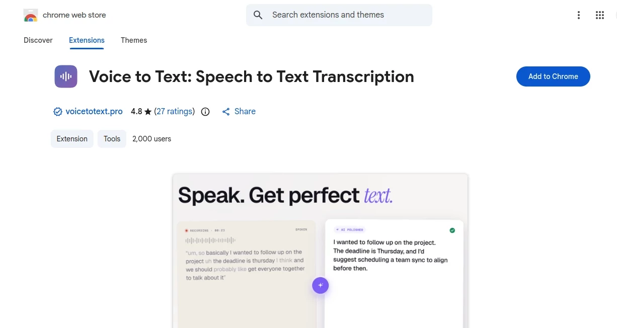 Screenshot of Voice to Text – An AI tool in the ,AI Productivity Tools ,AI Transcription ,AI Speech to Text ,AI Writing Assistants  category, showcasing its interface and key features.