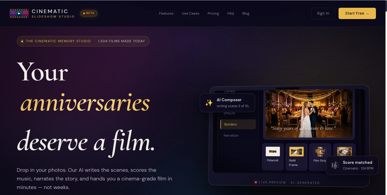 Screenshot of Cinematic Slideshow Studio – An AI tool in the ,AI Video Generator ,AI Image to Video ,AI Personalized Video Generator ,AI Video Editor  category, showcasing its interface and key features.