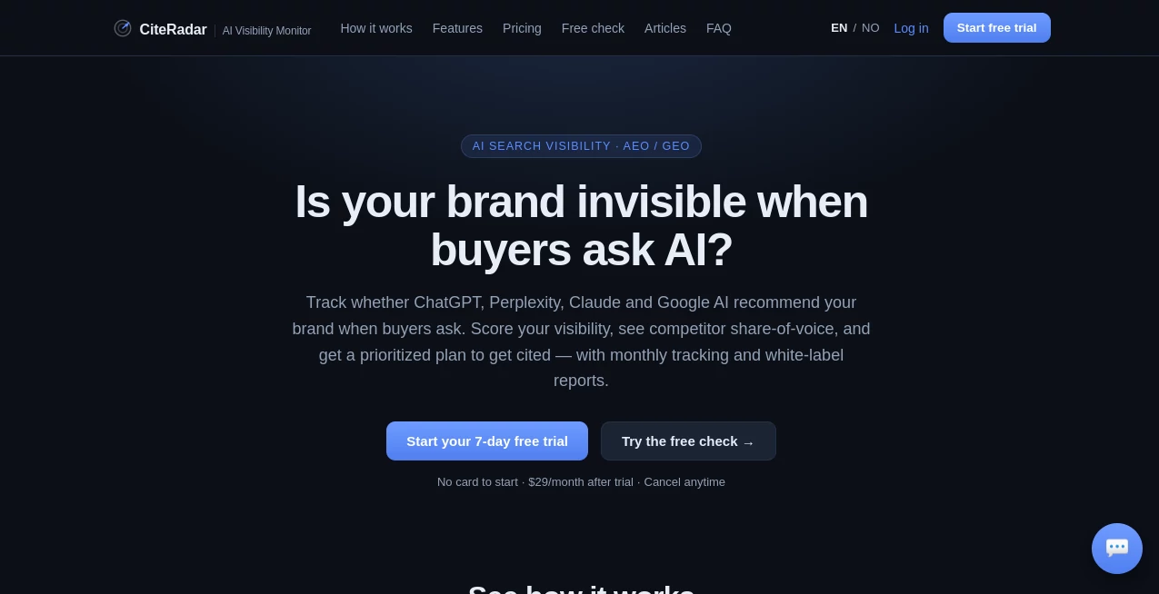Screenshot of CiteRadar – An AI tool in the ,AI SEO Assistant ,AI Marketing Plan Generator ,AI Research Tool ,AI Analytics Assistant  category, showcasing its interface and key features.