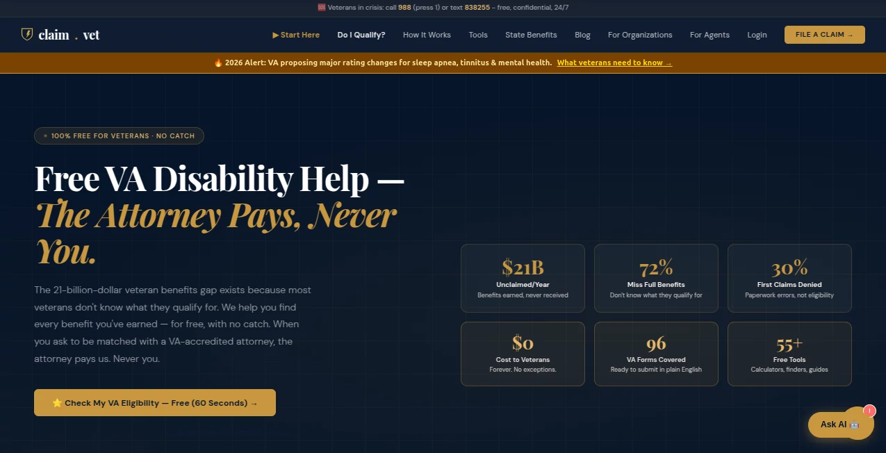 Screenshot of Claim.vet – An AI tool in the ,AI Research Tool ,AI Life Assistant ,AI Healthcare ,AI Legal Assistant  category, showcasing its interface and key features.