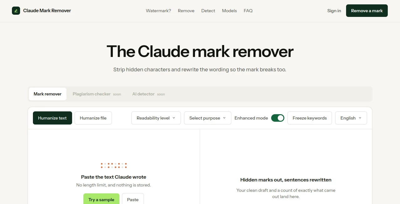 Screenshot of Claude Mark Remover – An AI tool in the ,AI Content Generator ,AI Rewriter ,AI Content Detector ,AI Writing Assistants  category, showcasing its interface and key features.