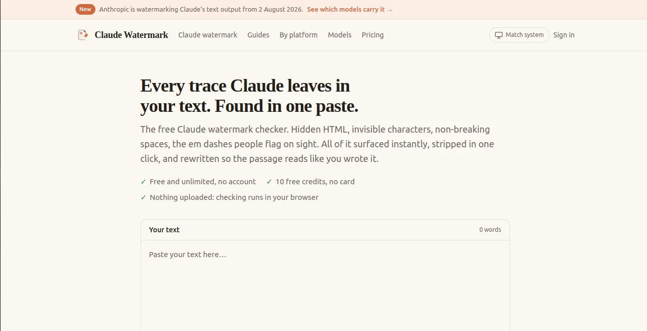 Screenshot of Claude Watermark – An AI tool in the ,AI Detector ,AI Rewriter ,AI Content Detector ,AI Writing Assistants  category, showcasing its interface and key features.