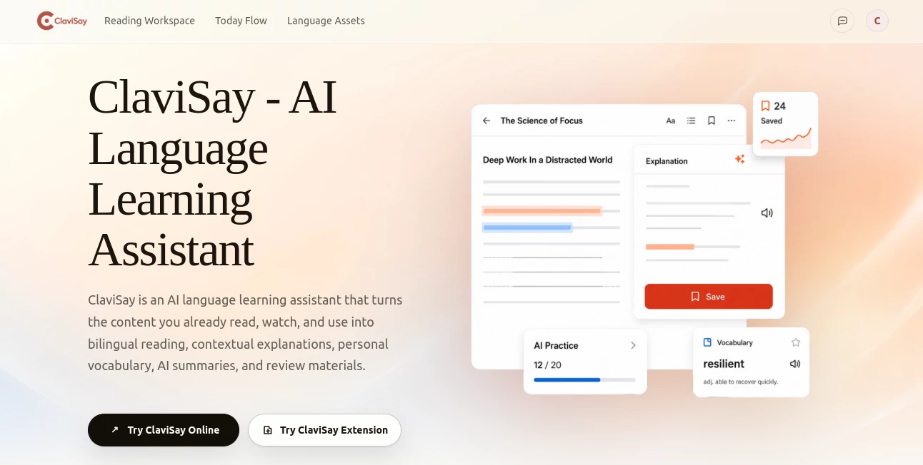 Screenshot of ClaviSay – An AI tool in the ,AI Translate ,AI Content Generator ,AI Education Assistant ,AI Productivity Tools  category, showcasing its interface and key features.