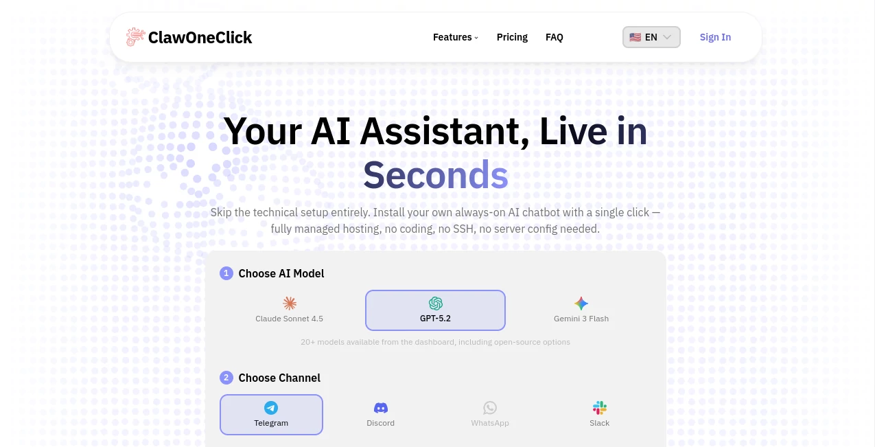 Screenshot of ClawOneClick – An AI tool in the ,AI Workflow Management ,AI Productivity Tools ,AI Team Collaboration ,AI Chatbot  category, showcasing its interface and key features.