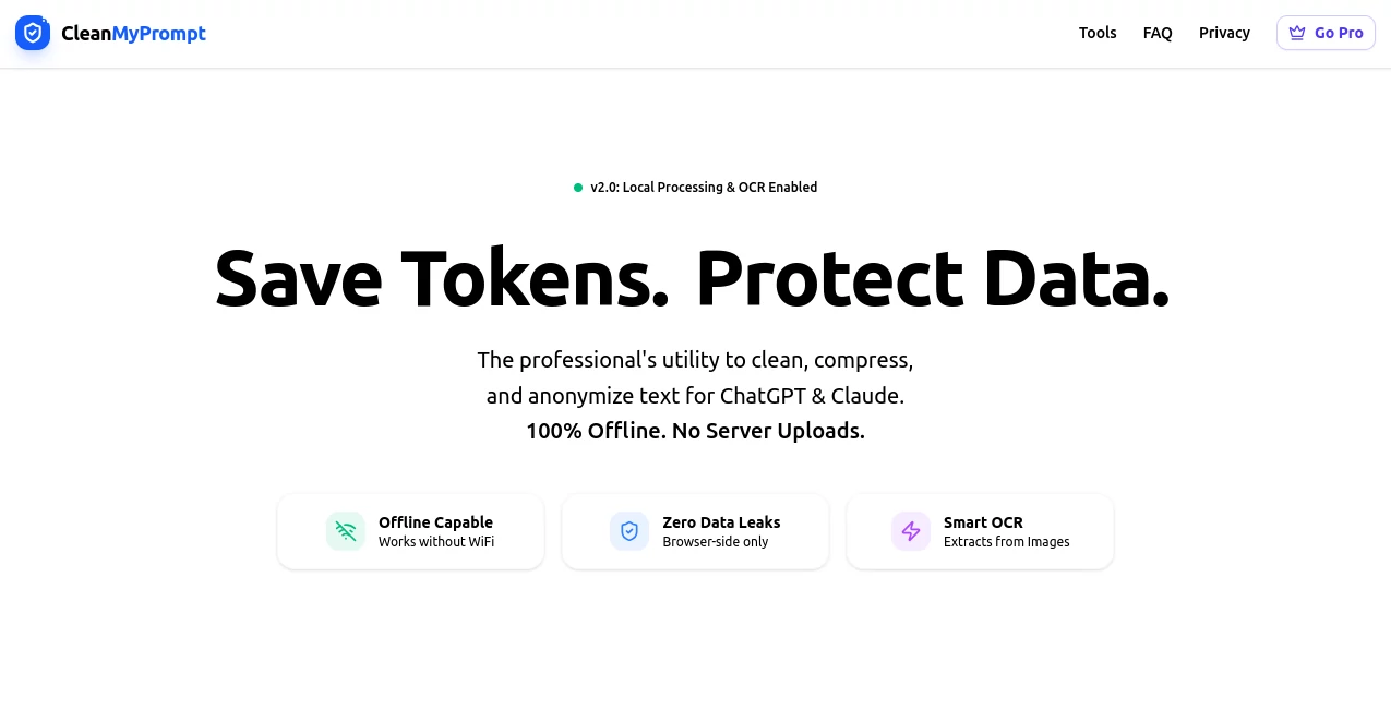 Screenshot of CleanMyPrompt – An AI tool in the ,AI Productivity Tools ,AI Developer Tools ,AI Writing Assistants  category, showcasing its interface and key features.