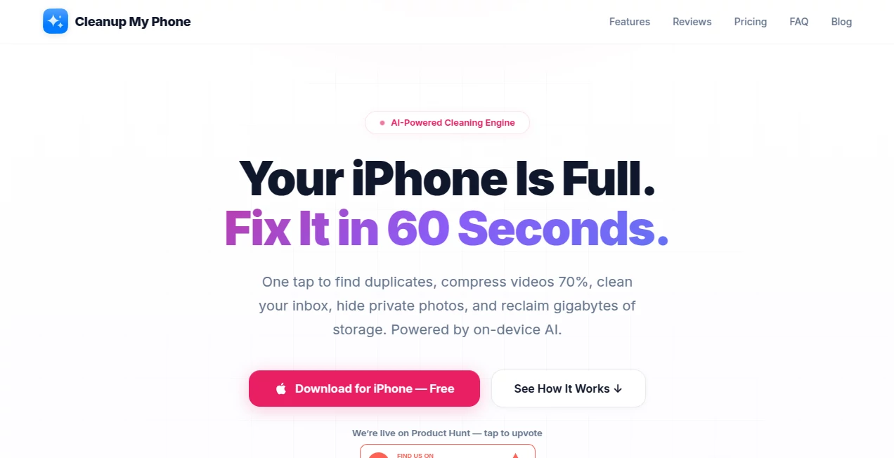 Screenshot of Cleanup My Phone – An AI tool in the ,AI Productivity Tools  category, showcasing its interface and key features.