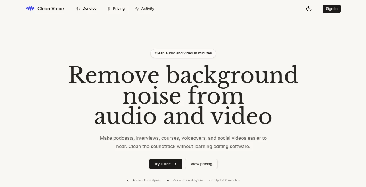 Screenshot of Clean Voice App – An AI tool in the ,AI Noise Cancellation ,AI Audio Enhancer ,Voice ,AI Voice & Audio Editing  category, showcasing its interface and key features.