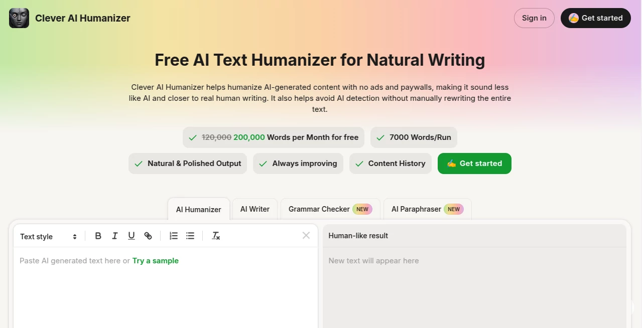 Screenshot of Clever AI Humanizer – An AI tool in the ,AI Paraphraser ,AI Content Generator ,AI Rewriter ,AI Writing Assistants  category, showcasing its interface and key features.