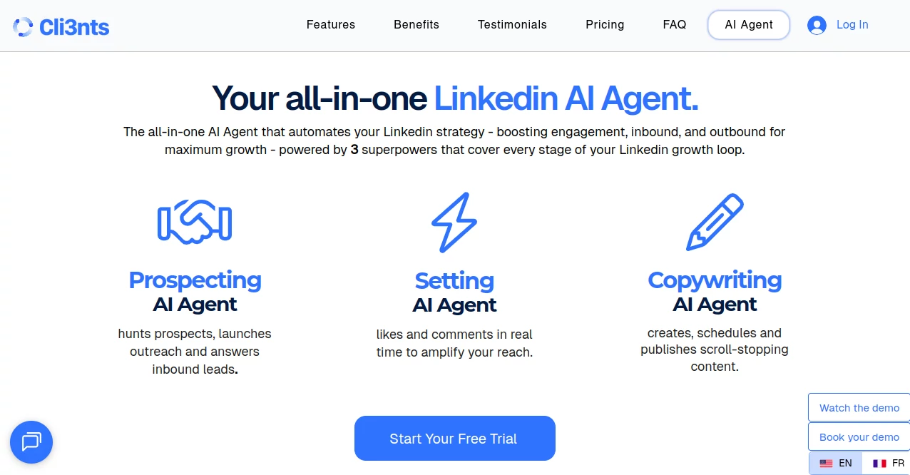 Screenshot of Cli3nts – An AI tool in the ,AI Lead Generation ,AI Content Generator ,AI Social Media Assistant ,AI Reply Assistant  category, showcasing its interface and key features.