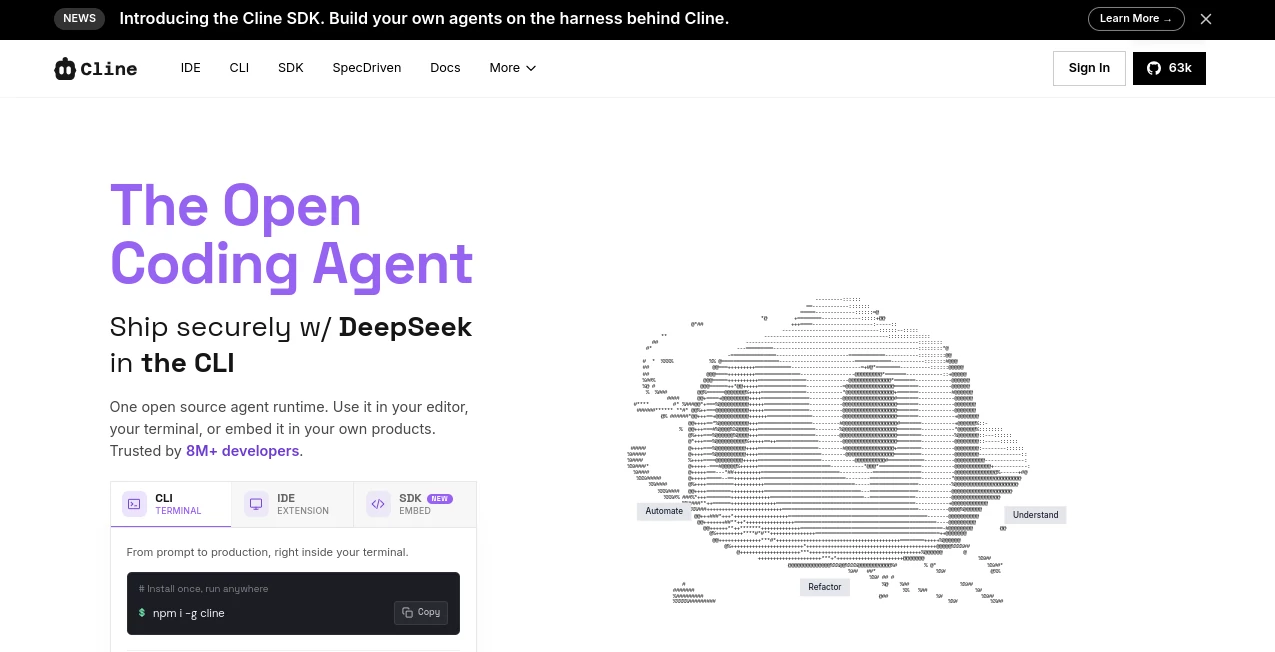 Screenshot of cline.bot – An AI tool in the ,AI Code Assistant ,AI Developer Tools ,AI Productivity Tools ,Code & IT  category, showcasing its interface and key features.