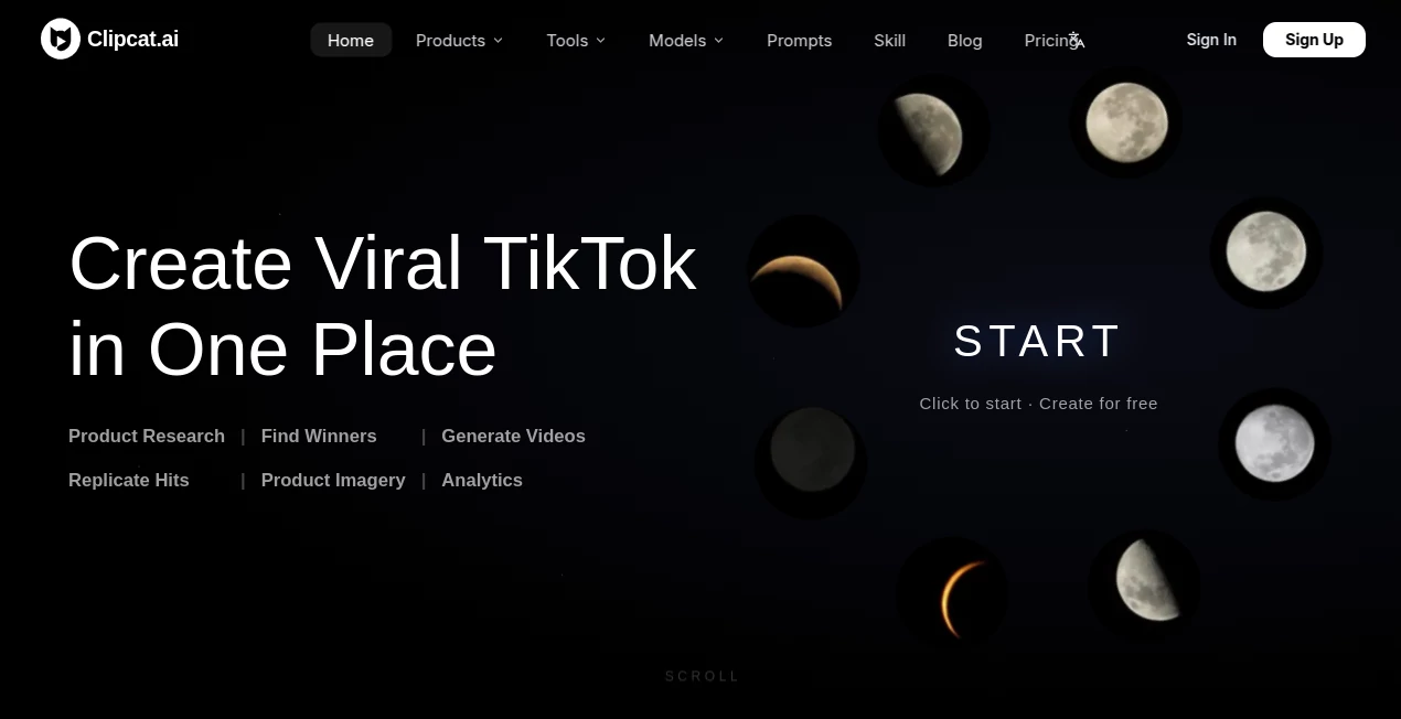 Screenshot of Clipcat AI – An AI tool in the ,AI Video Generator ,AI Tiktok Assistant ,AI E-commerce Assistant ,AI UGC Video Generator  category, showcasing its interface and key features.
