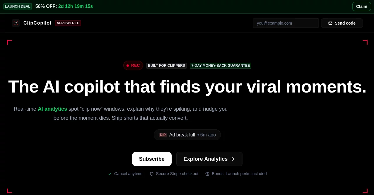 Screenshot of ClipCopilot – An AI tool in the ,AI Video Editor ,AI Social Media Assistant ,AI Short Clips Generator ,AI Captions or Subtitle  category, showcasing its interface and key features.