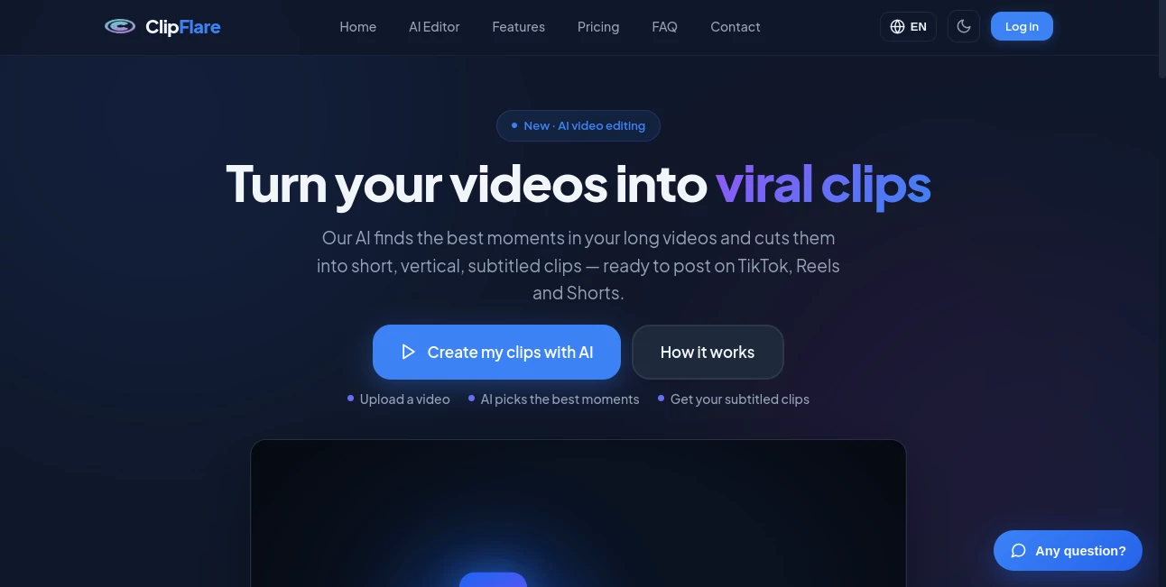 Screenshot of ClipFlare – An AI tool in the ,AI Tiktok Assistant ,AI Video Editor ,AI Short Clips Generator ,AI Repurpose Assistant  category, showcasing its interface and key features.