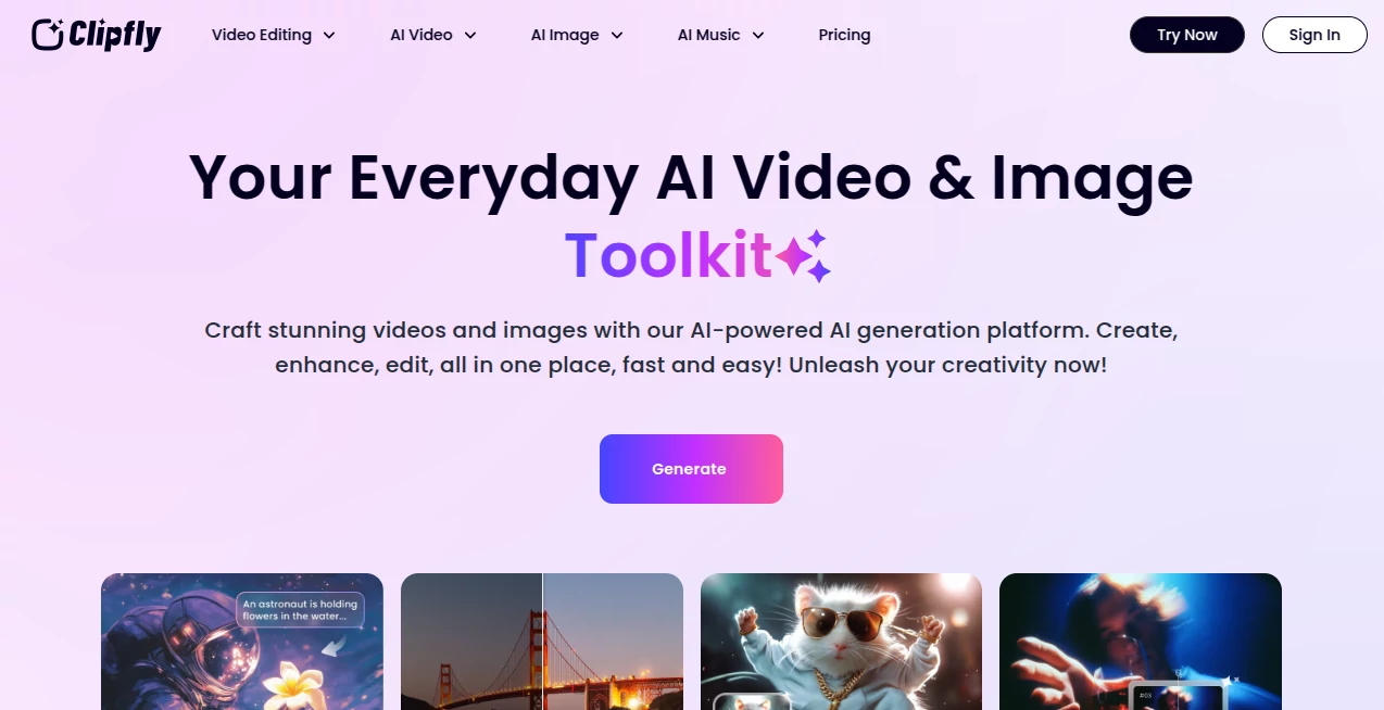 Screenshot of Clipfly – An AI tool in the ,AI Animated Video ,AI Image to Video ,AI Text to Video ,AI Video Generator  category, showcasing its interface and key features.