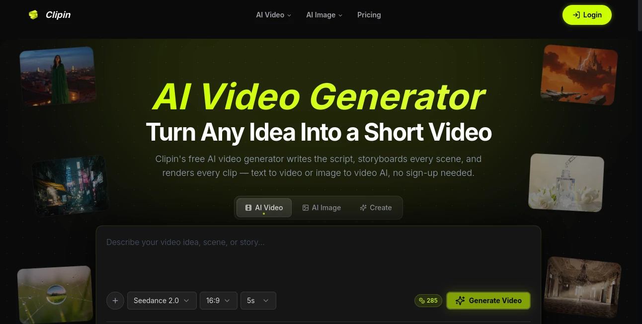 Screenshot of Clipin AI – An AI tool in the ,AI Image to Video ,AI Text to Video ,AI Video Generator ,AI Short Clips Generator  category, showcasing its interface and key features.