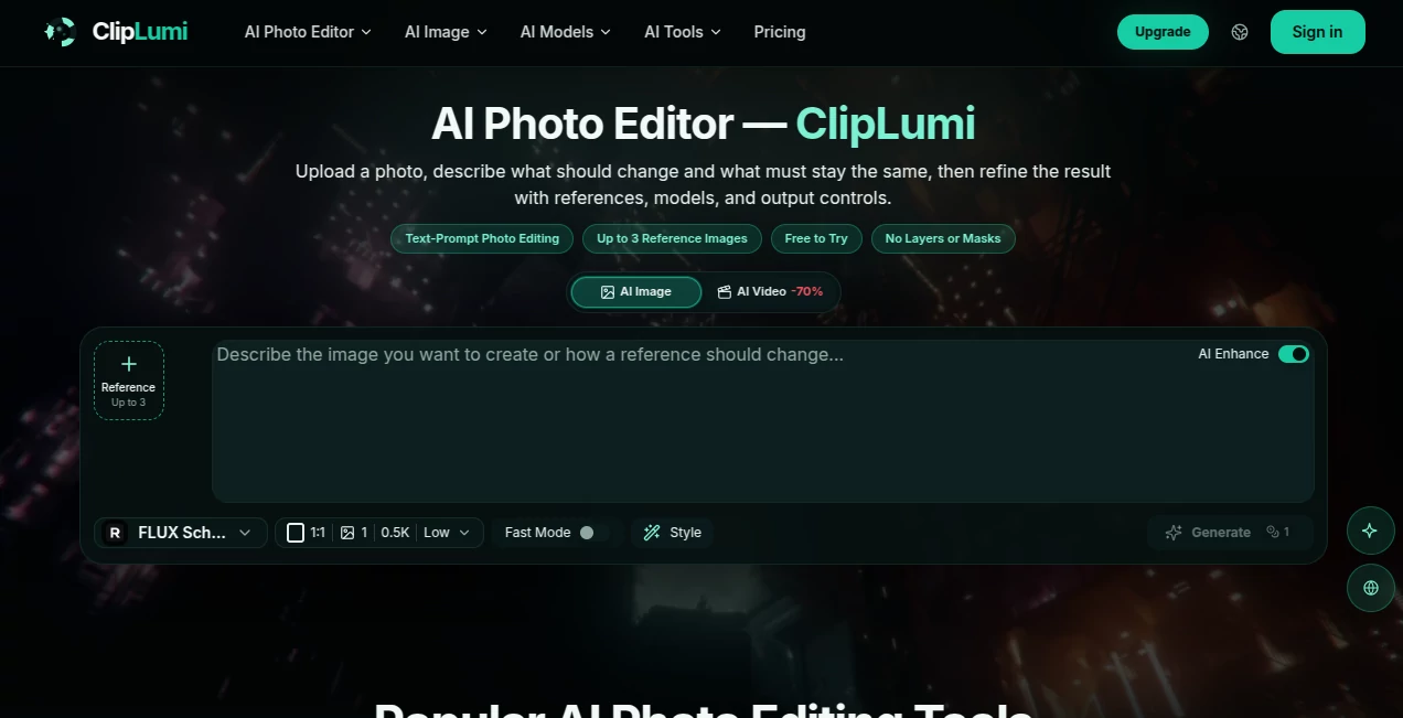 Screenshot of ClipLumi – An AI tool in the ,AI Photo & Image Generator ,Photo & Image Editor ,AI Background Remover ,AI Image to Image  category, showcasing its interface and key features.