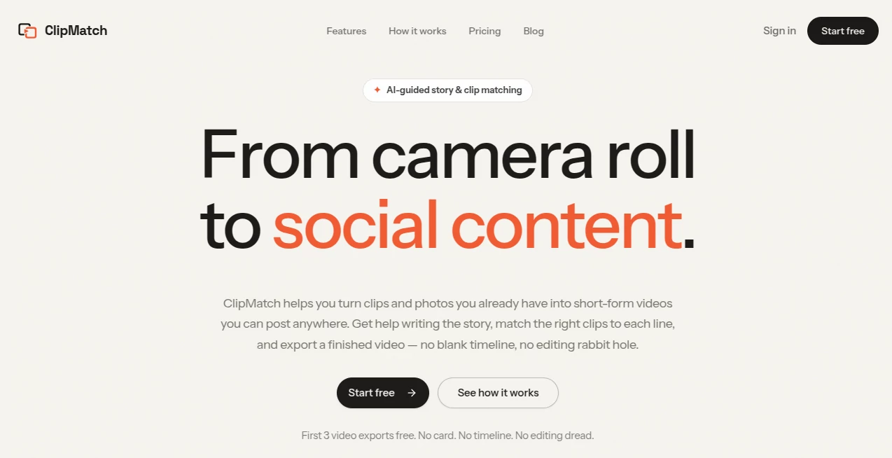 Screenshot of ClipMatch – An AI tool in the ,AI Video Editor ,AI UGC Video Generator ,AI Video Generator ,AI Short Clips Generator  category, showcasing its interface and key features.