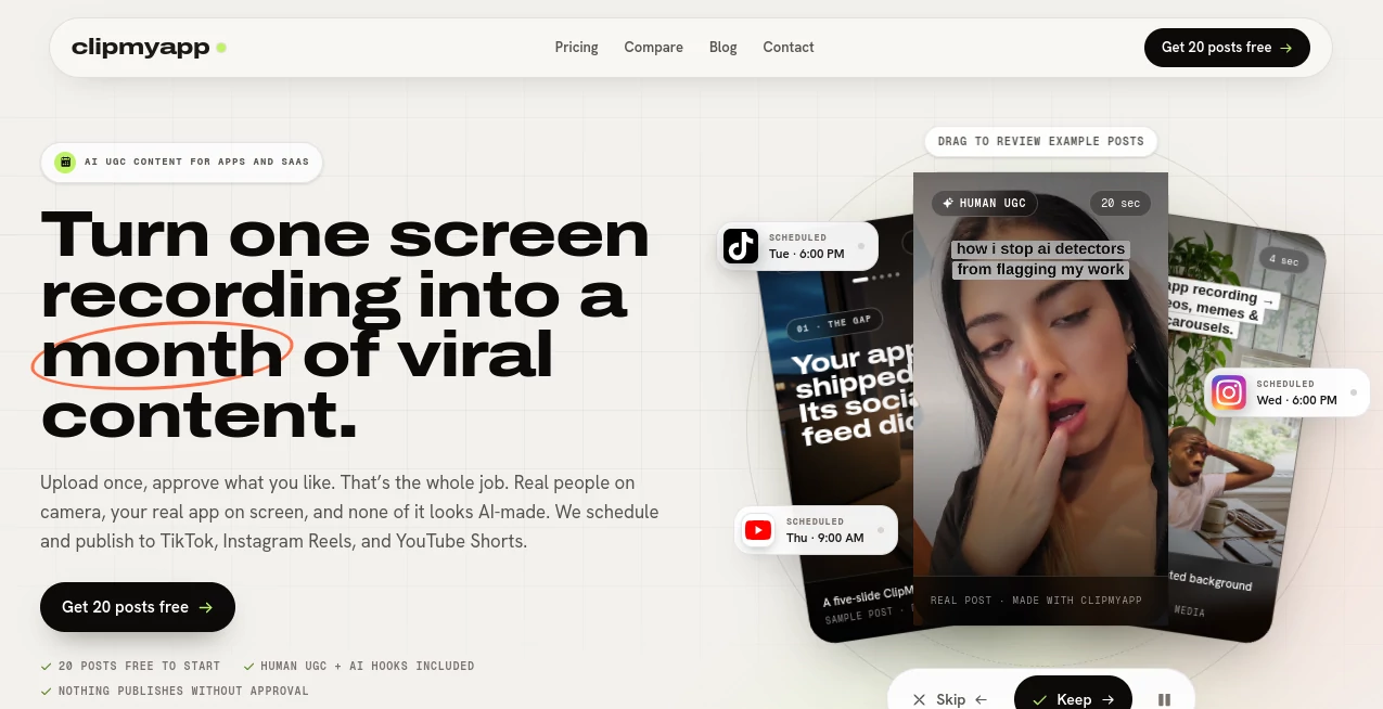 Screenshot of clipmyapp – An AI tool in the ,AI Video Generator ,AI Tiktok Assistant ,AI Social Media Assistant ,AI UGC Video Generator  category, showcasing its interface and key features.