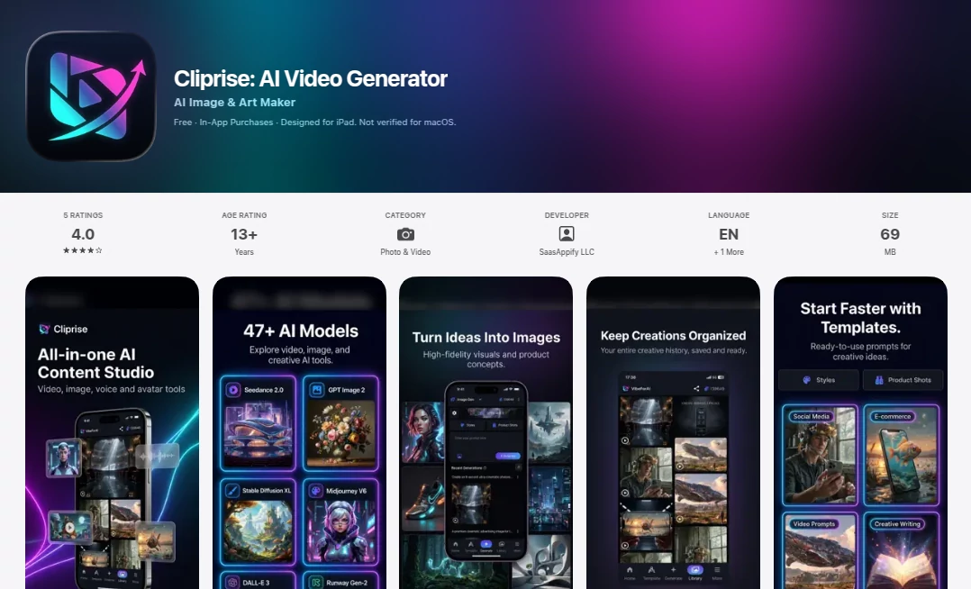 Screenshot of Cliprise AI – An AI tool in the ,AI Photo & Image Generator ,AI Image to Video ,AI Video Generator ,AI Text to Video  category, showcasing its interface and key features.