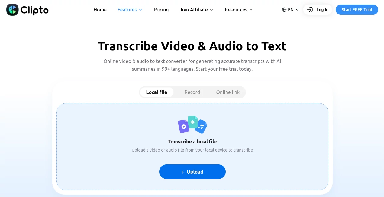 Screenshot of Transcribe Video & Audio to Text – An AI tool in the ,AI Transcription ,AI Speech to Text  category, showcasing its interface and key features.