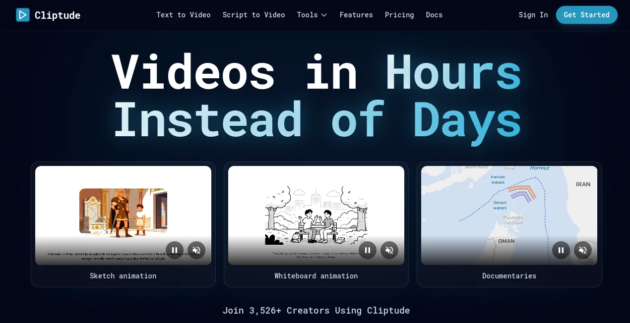 Screenshot of Cliptude – An AI tool in the ,AI Video Editor ,AI Text to Video ,AI Video Generator ,AI YouTube Assistant  category, showcasing its interface and key features.