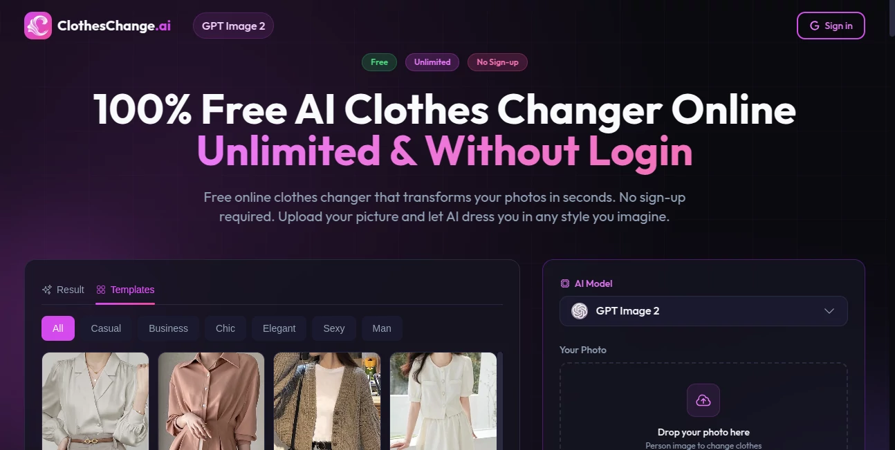 Screenshot of ClothesChange AI – An AI tool in the ,AI Photo & Image Generator ,AI Selfie & Portrait ,AI Image to Image ,AI Clothing Generator  category, showcasing its interface and key features.