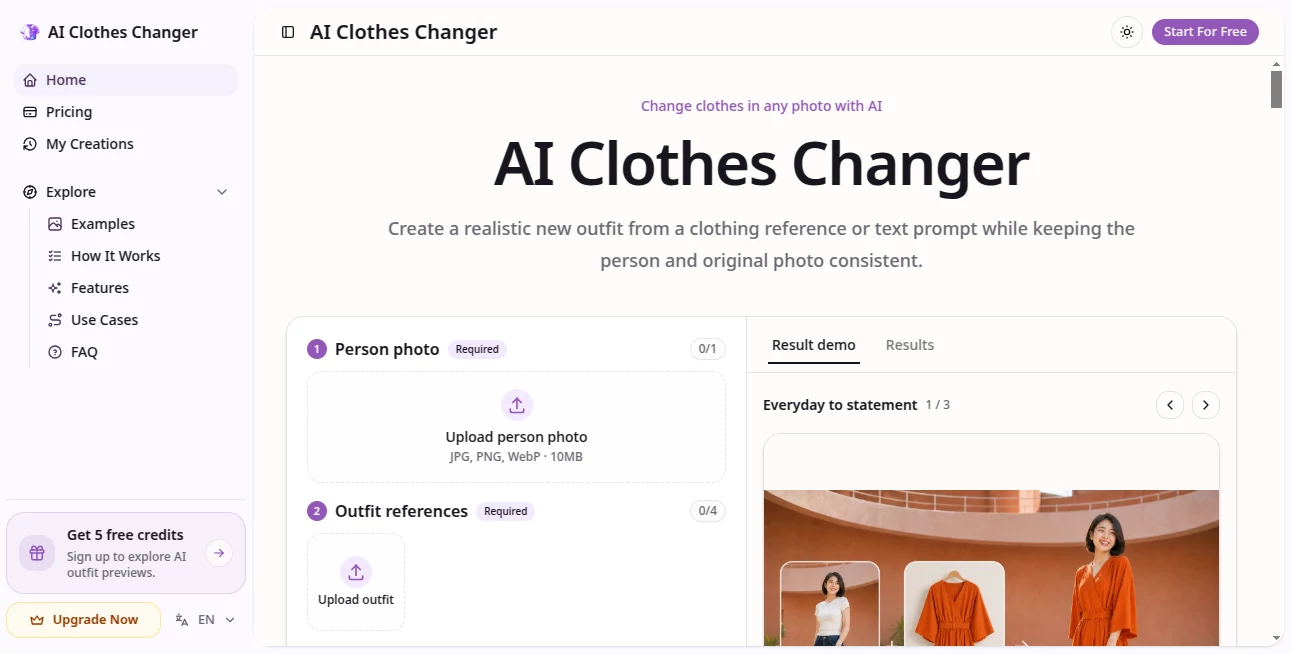 Screenshot of AI Clothes Changer – An AI tool in the ,AI Photo & Image Generator ,AI Avatar Generator ,AI Photography ,AI Clothing Generator  category, showcasing its interface and key features.