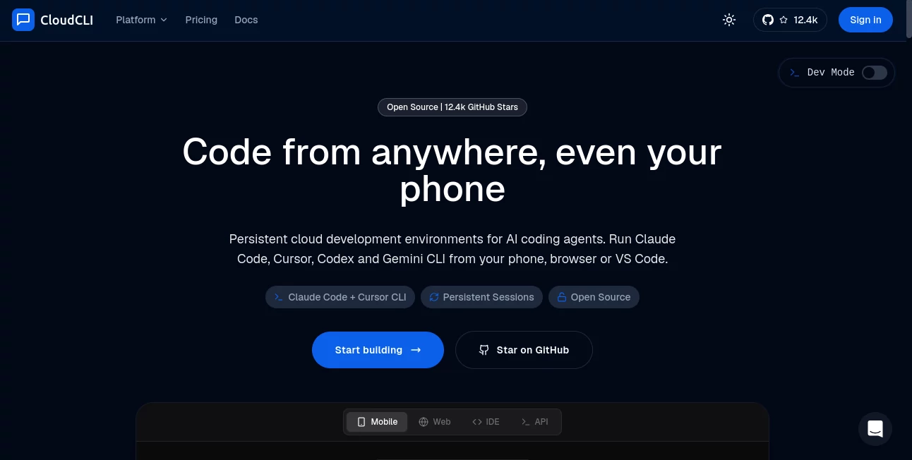 Screenshot of CloudCLI – An AI tool in the ,AI DevOps Assistant ,AI Code Assistant ,AI Developer Tools ,AI Team Collaboration  category, showcasing its interface and key features.