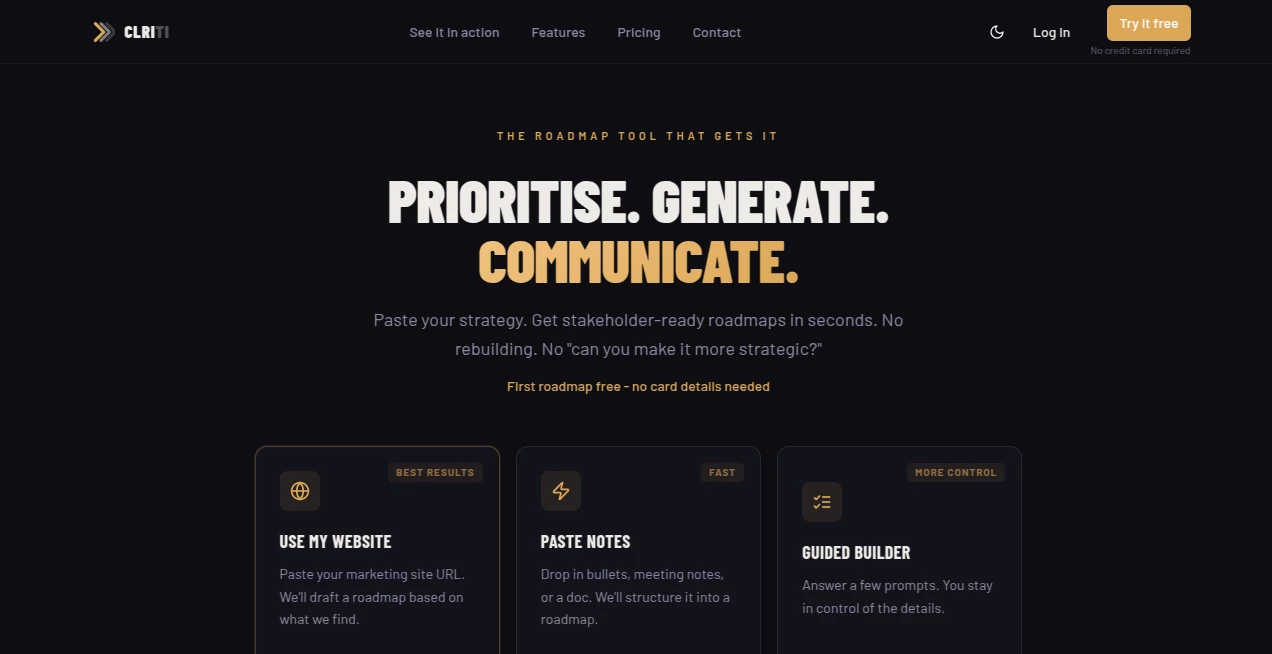 Screenshot of Clriti AI – An AI tool in the ,AI Roadmap Generator ,AI Productivity Tools ,AI Workflow Management ,AI Project Management  category, showcasing its interface and key features.