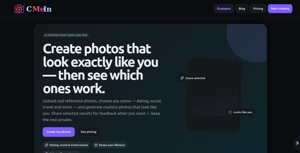 Screenshot of CMeIn – An AI tool in the ,AI Photo & Image Generator ,AI Avatar Generator ,AI Selfie & Portrait ,AI Photography  category, showcasing its interface and key features.