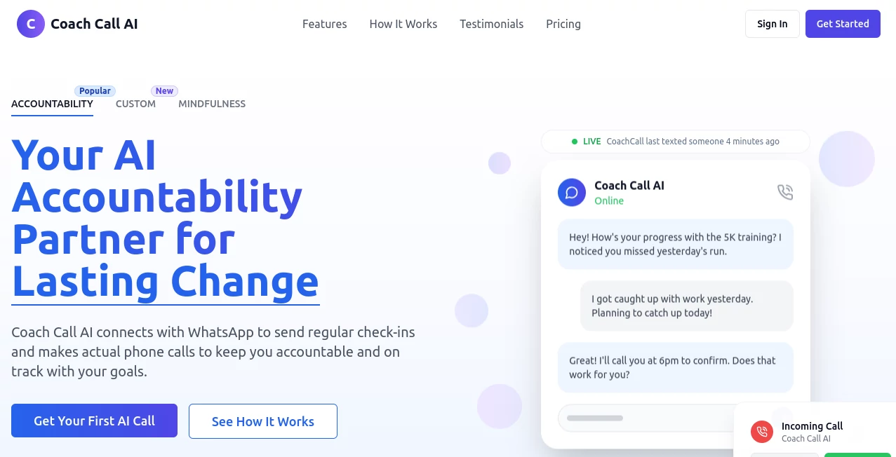 Screenshot of Coach Call AI – An AI tool in the ,AI Life Assistant ,AI Productivity Tools ,AI Coaching ,AI Voice Assistants  category, showcasing its interface and key features.