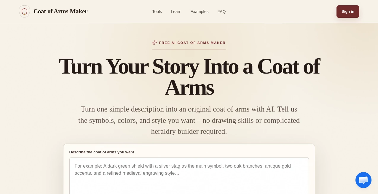 Screenshot of Coat of Arms Maker – An AI tool in the ,AI Illustration Generator ,AI Art Generator ,AI Design Generator ,AI Graphic Design ,Design & Art  category, showcasing its interface and key features.