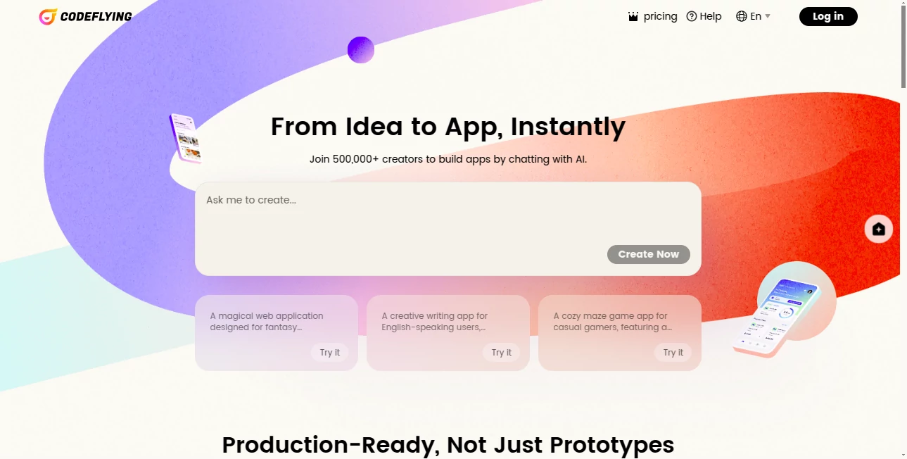Screenshot of CodeFlying – An AI tool in the ,AI No-Code & Low-Code ,AI Code Generator ,AI Developer Tools ,AI App Builder  category, showcasing its interface and key features.